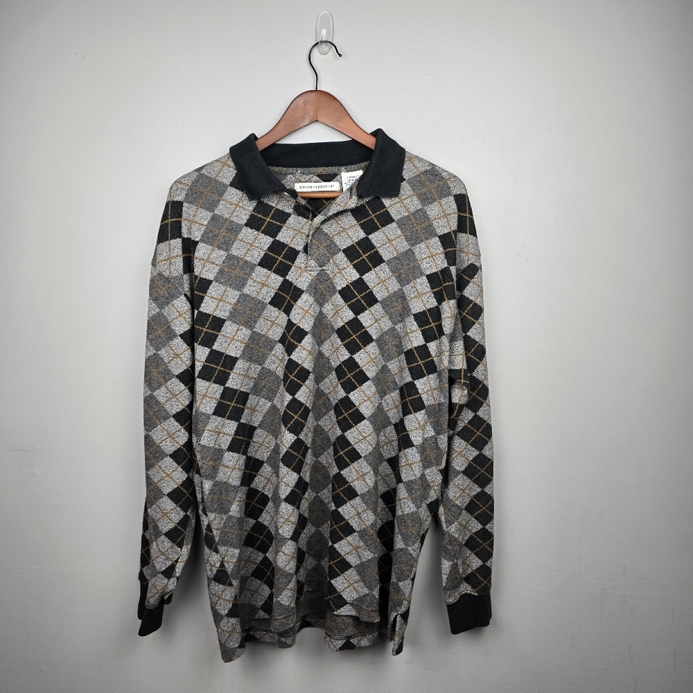 KnightsBridge Argyle Long Sleeve Polo‎ Shirt Black Gray Mens L Preppy Academia